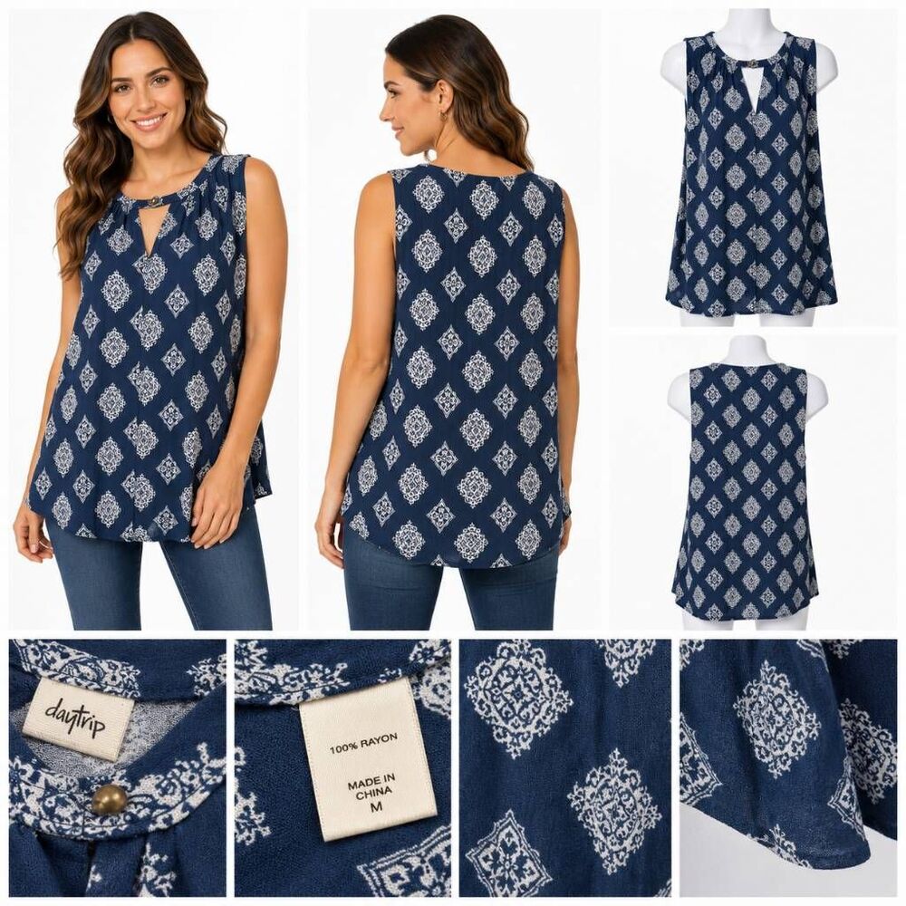 Daytrip Sleeveless Blouse Women’s Medium Blue White Boho Print Keyhole Tank Top